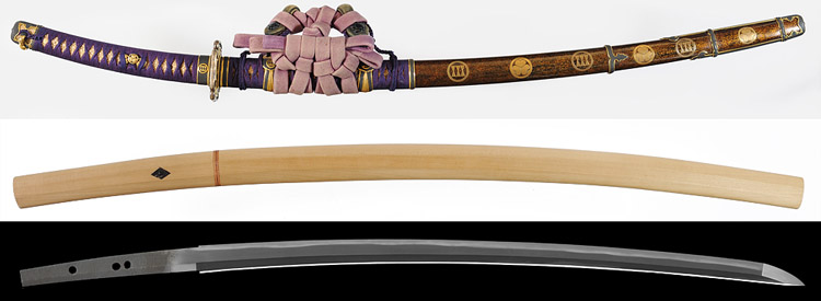 刀　無銘(宇多国宗) Katana [Uda_Kunimune] 太刀拵　金梨子地葵片喰輪鼓紋散鞘糸巻太刀拵 Tachikoshirae