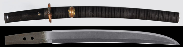 短刀　無銘(末延寿) Tantou [SueEnjyu] 拵　黒漆石目地笛巻塗鞘玩具一作金具小さ刀拵  [Koshirae]
